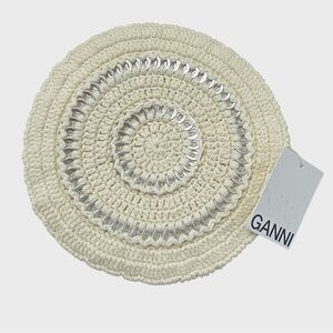 GANNI NWT Soft Ivory + Silver Crochet Cotton Beret